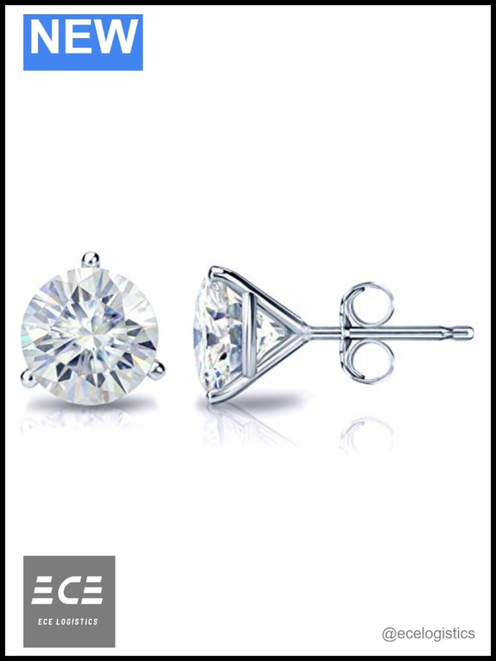 18K Gold Round Moissanite Stud Earrings 3-Prong Push-Back
